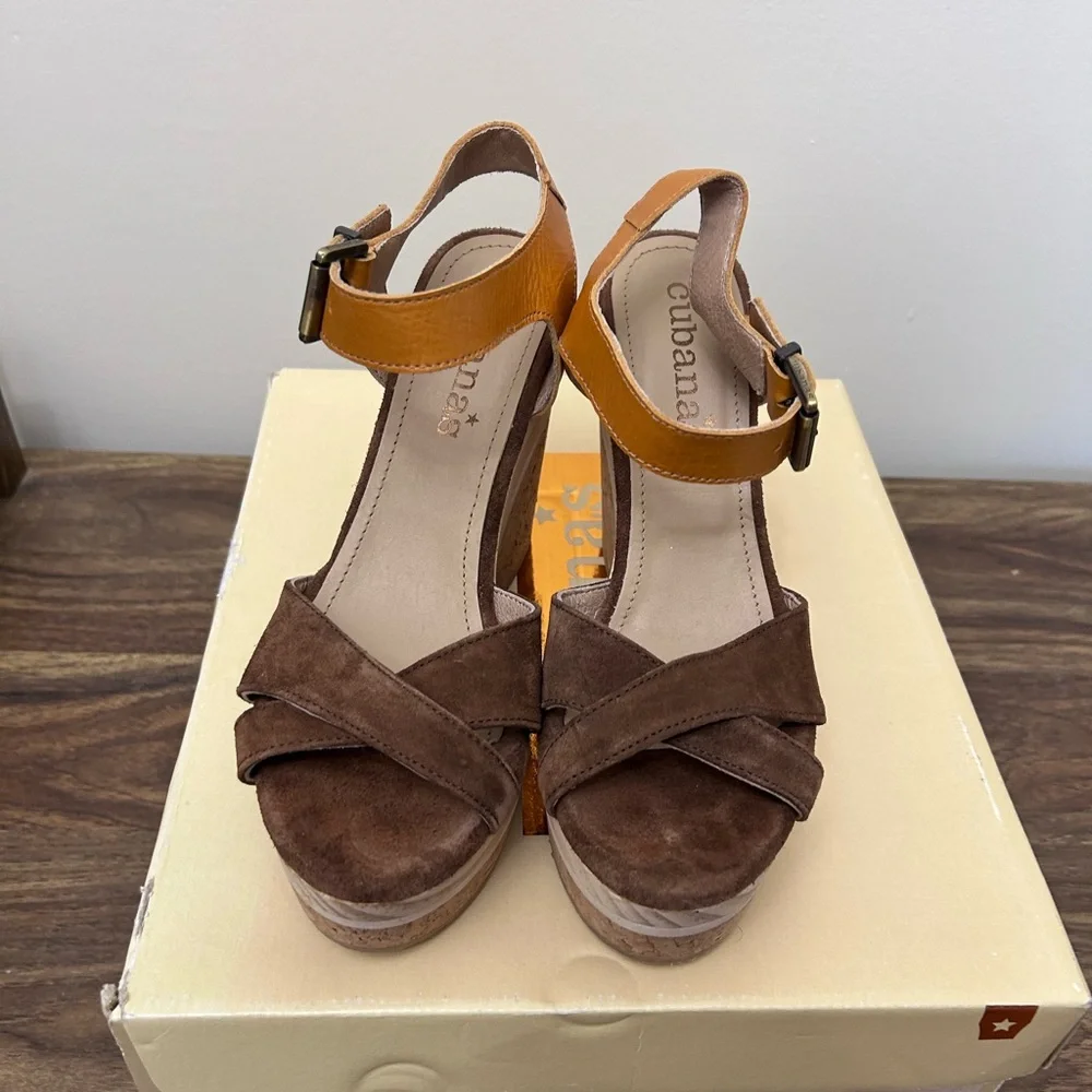 Cubanas Brown and Tan‎ Wedge Sandals heels size 38